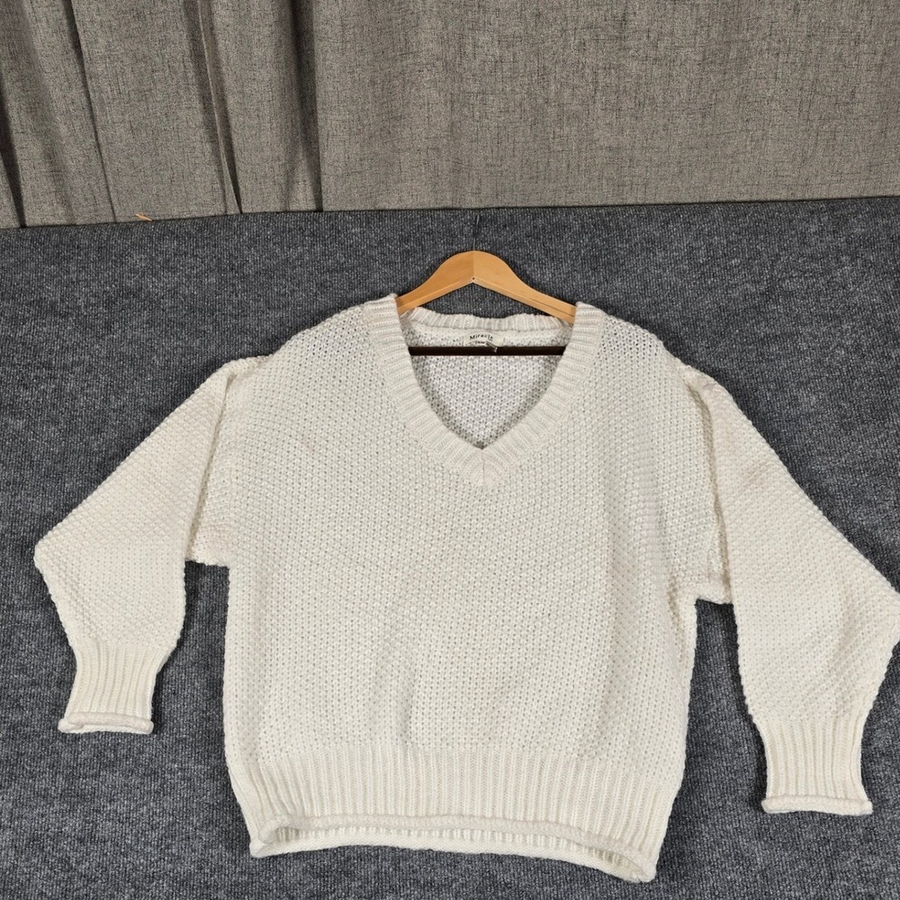 Miracle USA White V Neck Textured Knit Pullover Sweater‎ S/M
